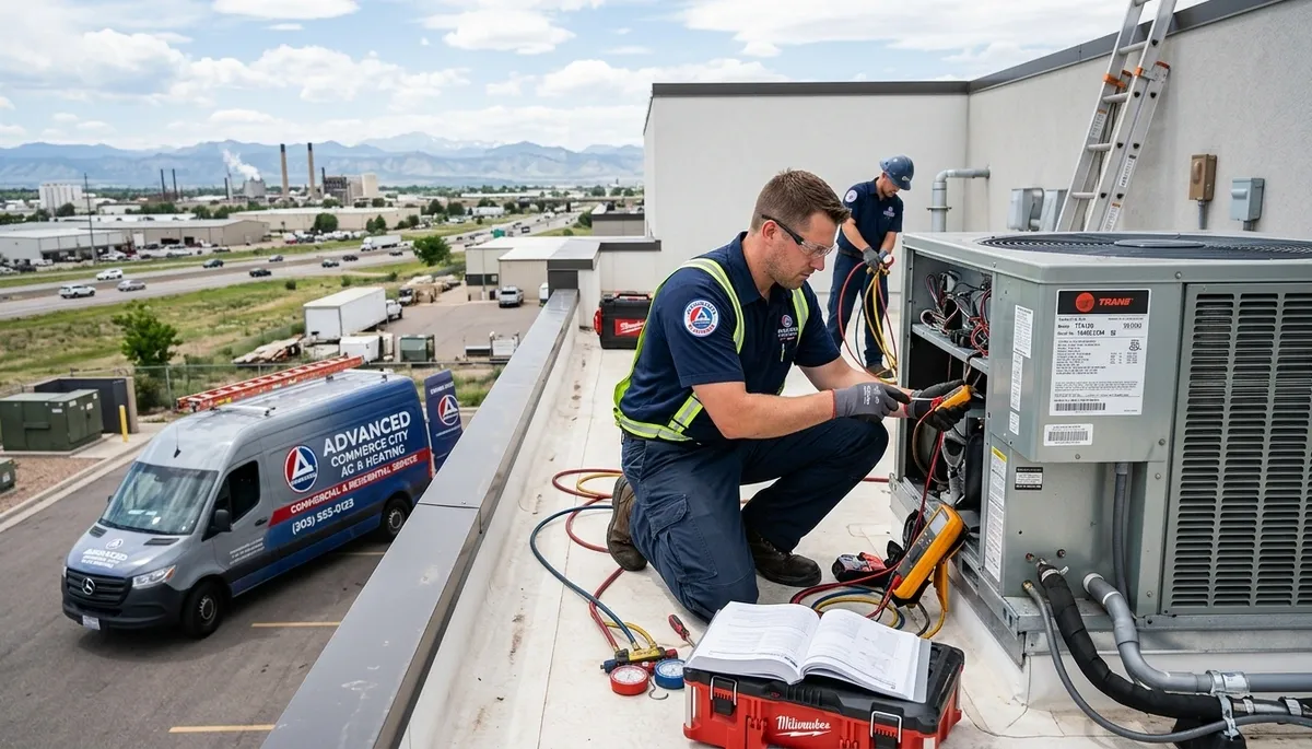 Professional AC repair technician servicing air conditioner in Aurora CO home