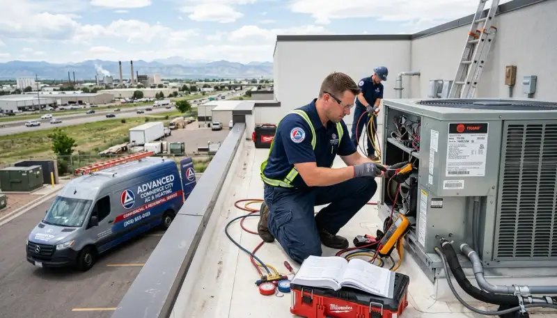 Professional AC repair technician servicing air conditioner in Aurora CO home