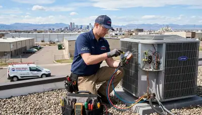 Professional AC repair technician servicing air conditioner in Aurora, CO