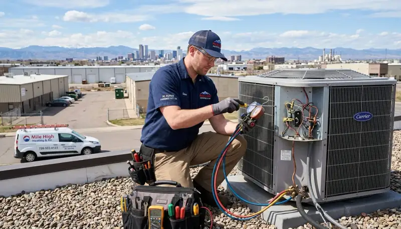 Professional AC repair technician servicing air conditioner in Aurora, CO