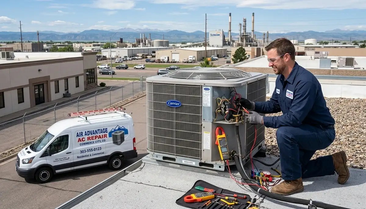 Professional AC repair technician servicing air conditioner in Aurora, CO