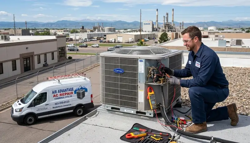 Professional AC repair technician servicing air conditioner in Aurora, CO