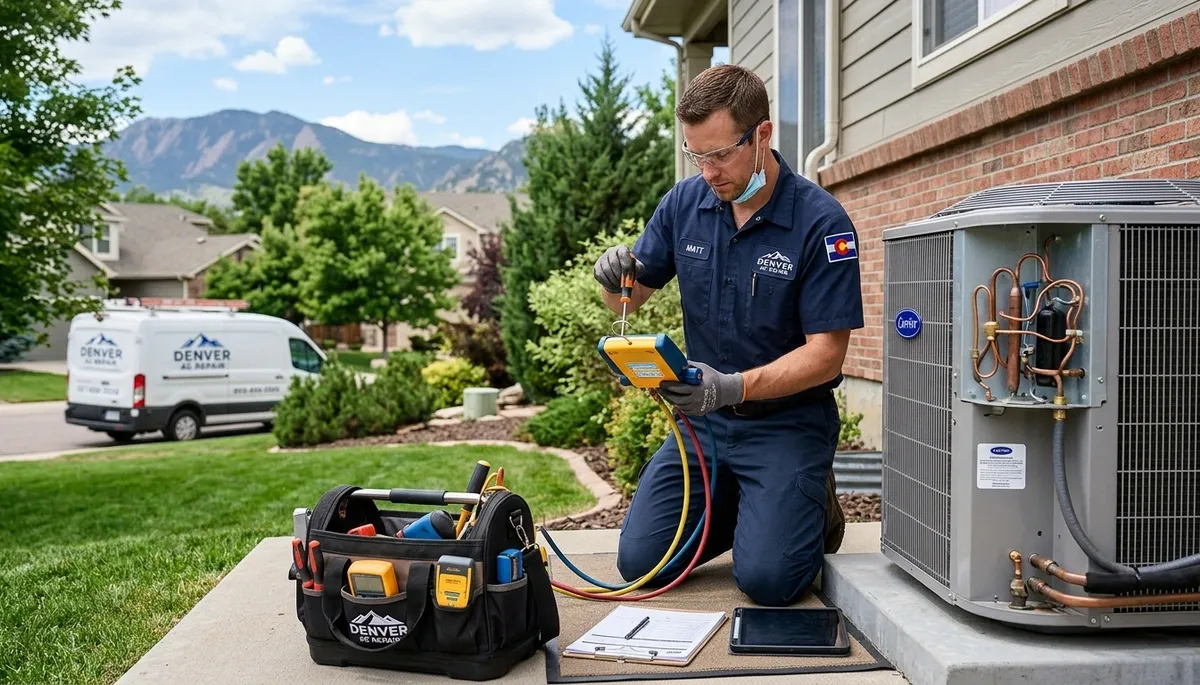 Professional AC repair technician servicing home air conditioner in Aurora, CO