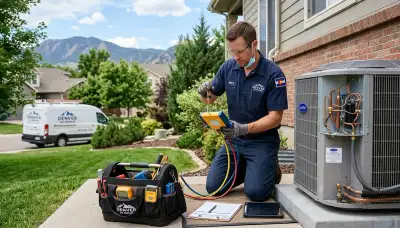 Professional AC repair technician servicing home air conditioner in Aurora, CO