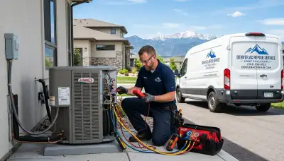 Professional AC repair technician servicing air conditioner in Aurora, CO