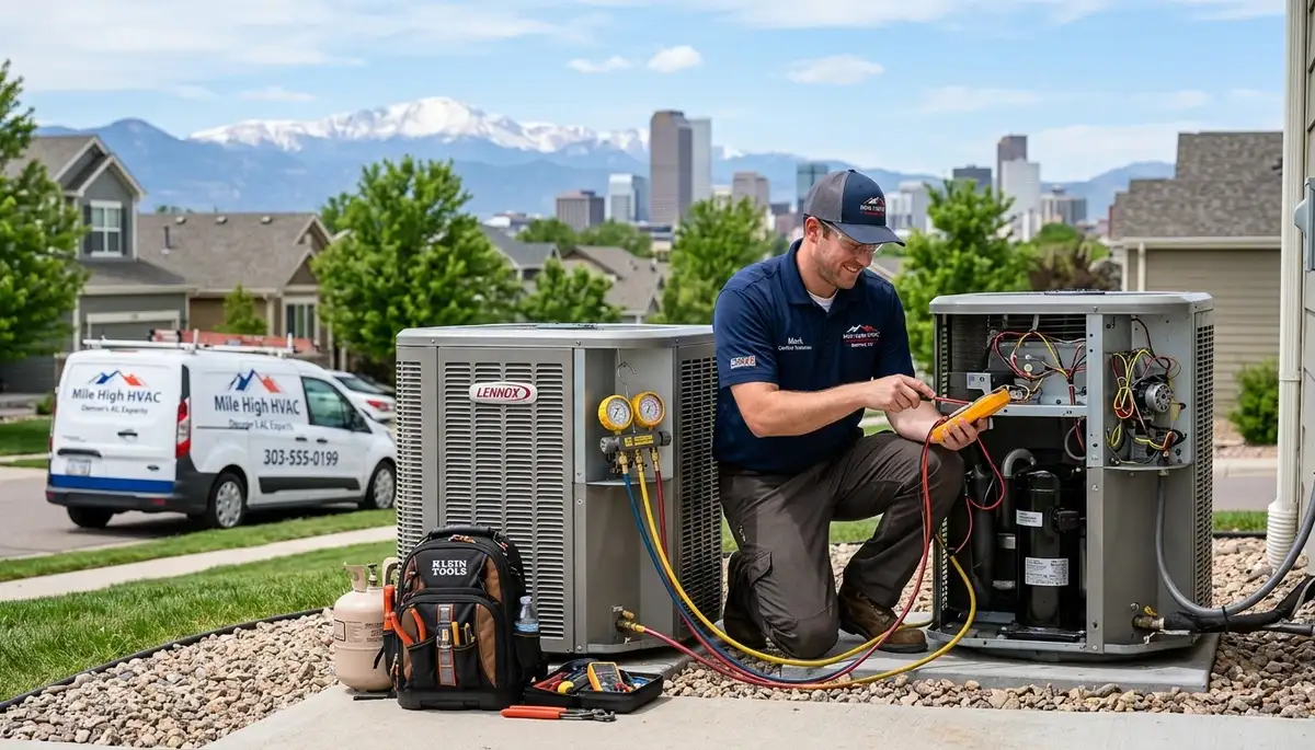 Professional AC repair technician servicing air conditioner in Aurora CO home