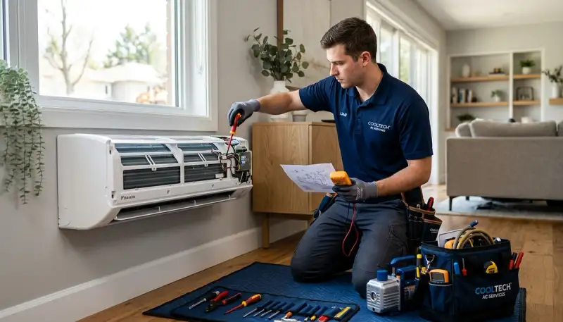 Technician repairing home air conditioner unit in Aurora, CO for Five Star Cooling