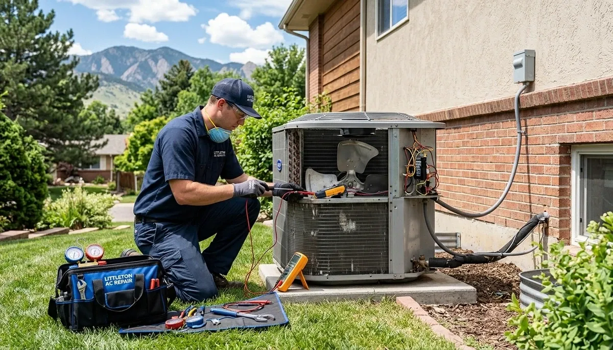 Professional AC repair technician servicing residential air conditioner in Aurora, CO