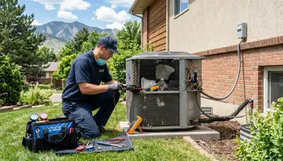 Professional AC repair technician servicing residential air conditioner in Aurora, CO