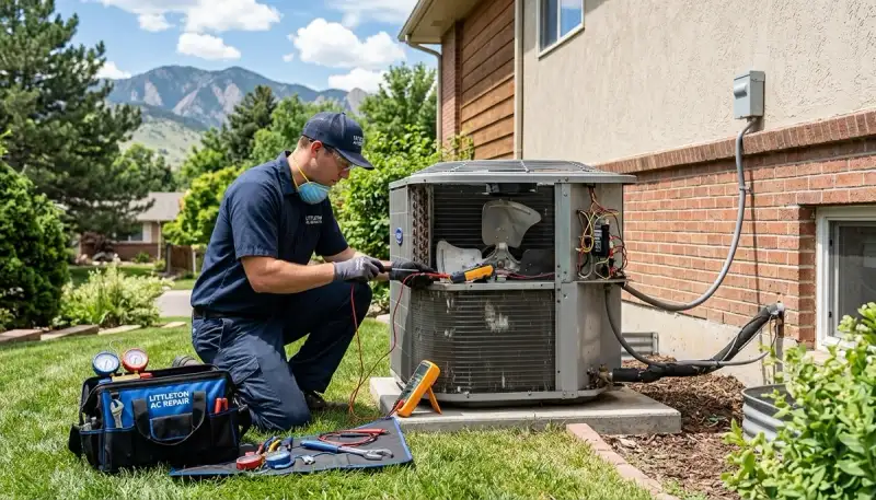 Professional AC repair technician servicing residential air conditioner in Aurora, CO
