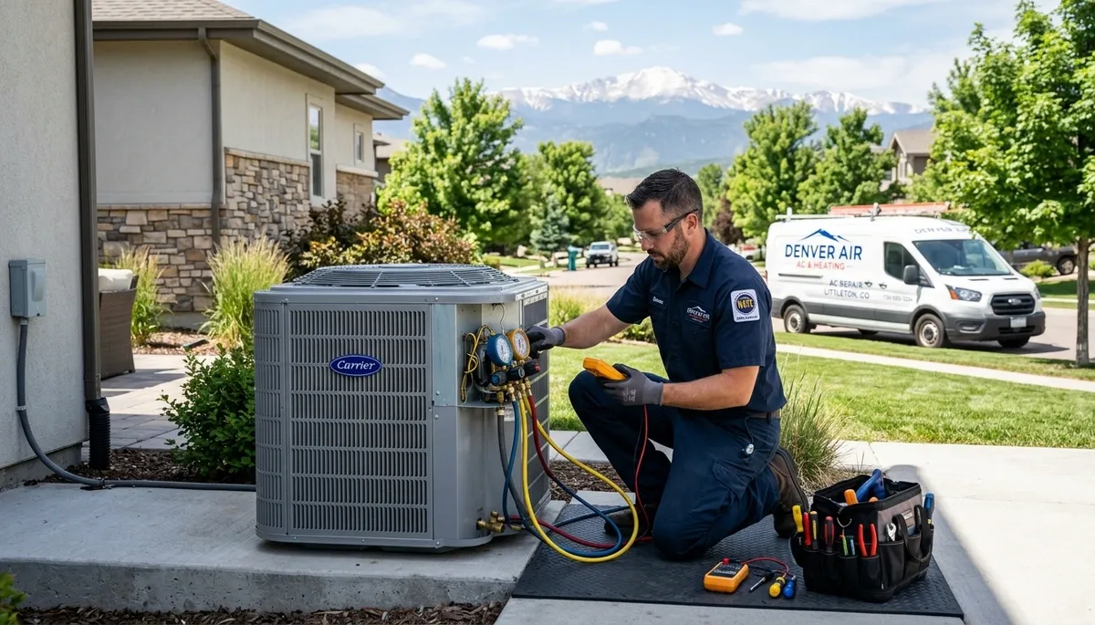 Professional AC repair technician servicing air conditioner in Aurora, CO home