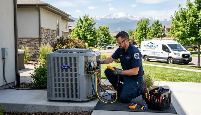 Professional AC repair technician servicing air conditioner in Aurora, CO home