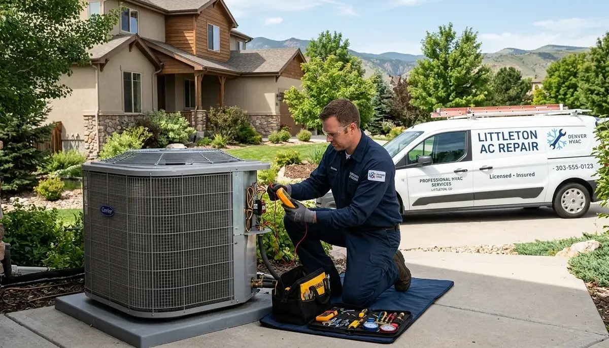 Professional AC repair technician servicing air conditioner unit in Aurora, CO