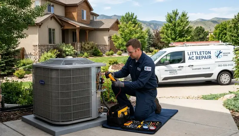Professional AC repair technician servicing air conditioner unit in Aurora, CO