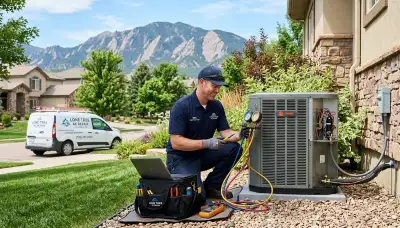 Professional AC repair technician servicing air conditioner in Aurora, CO home