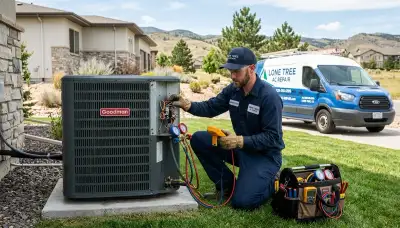 Professional AC repair technician servicing cooling unit in Aurora, CO