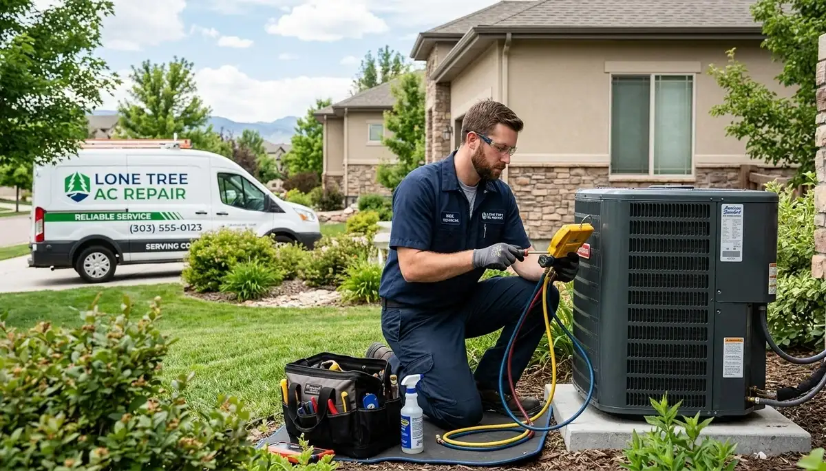 Professional AC repair technician servicing air conditioner unit in Aurora, CO