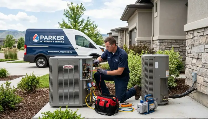 Professional AC repair technician servicing air conditioner in Aurora CO home