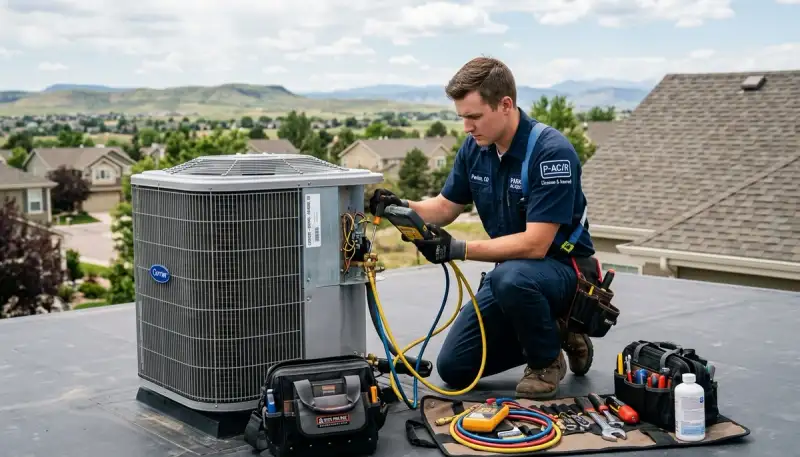 Professional AC repair technician servicing air conditioner in Aurora, CO