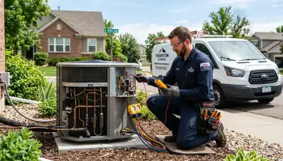 Professional AC repair technician servicing air conditioner in Aurora, CO