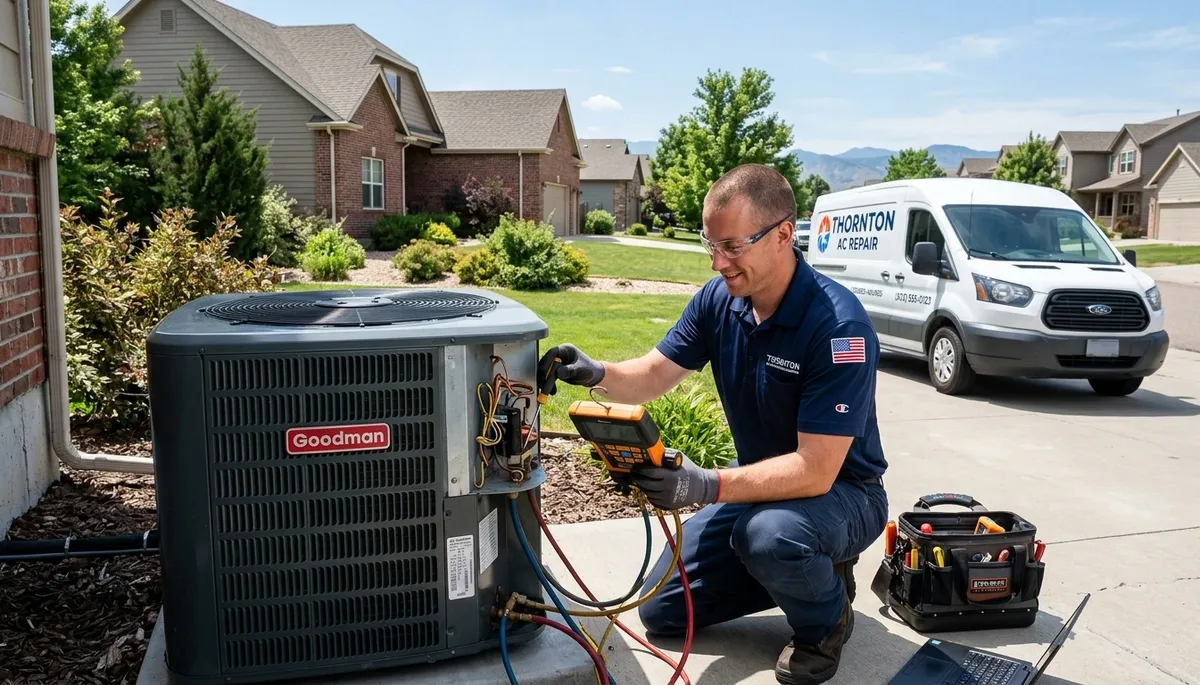 Professional AC repair technician servicing residential air conditioner in Aurora, CO