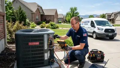 Professional AC repair technician servicing residential air conditioner in Aurora, CO