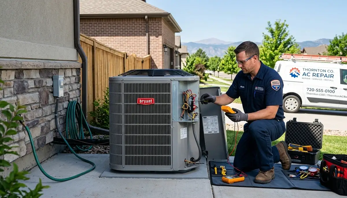 Professional AC repair technician servicing residential air conditioner in Aurora, CO