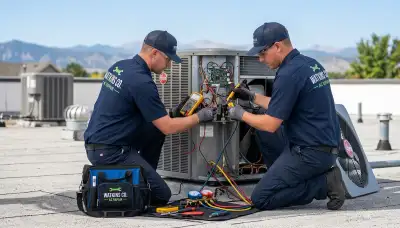 Professional AC repair technician servicing air conditioner unit in Aurora CO home