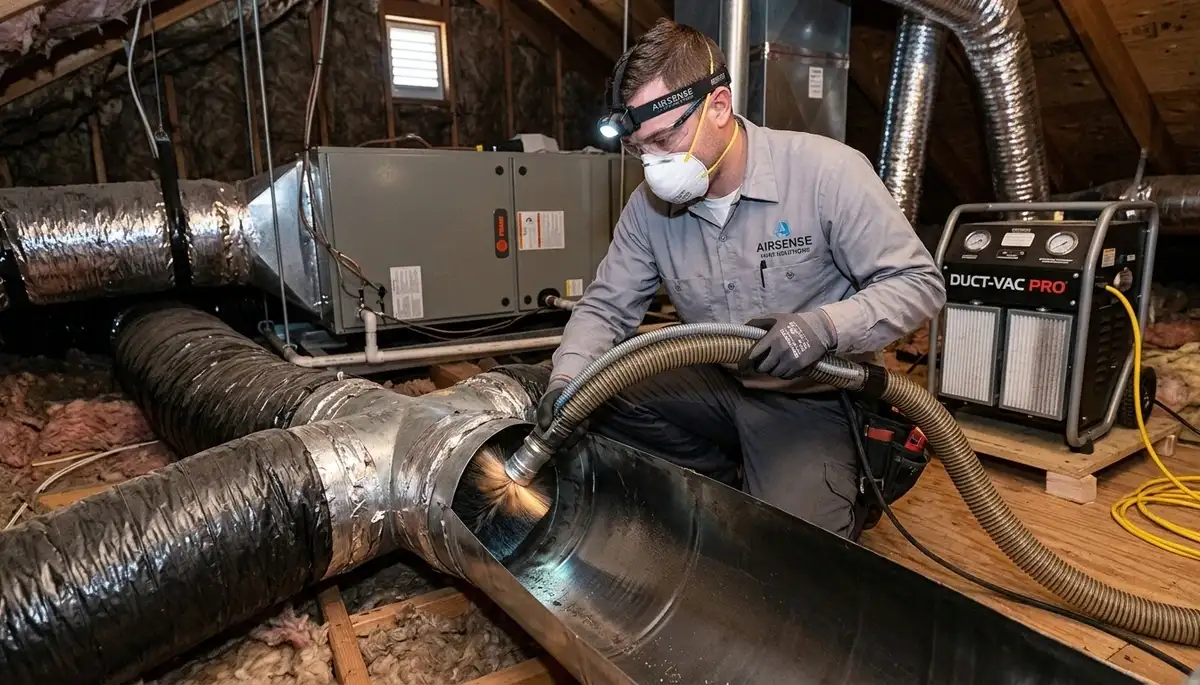 Technician cleaning air ducts for HVAC system in Aurora, CO home – Five Star Cooling professional service