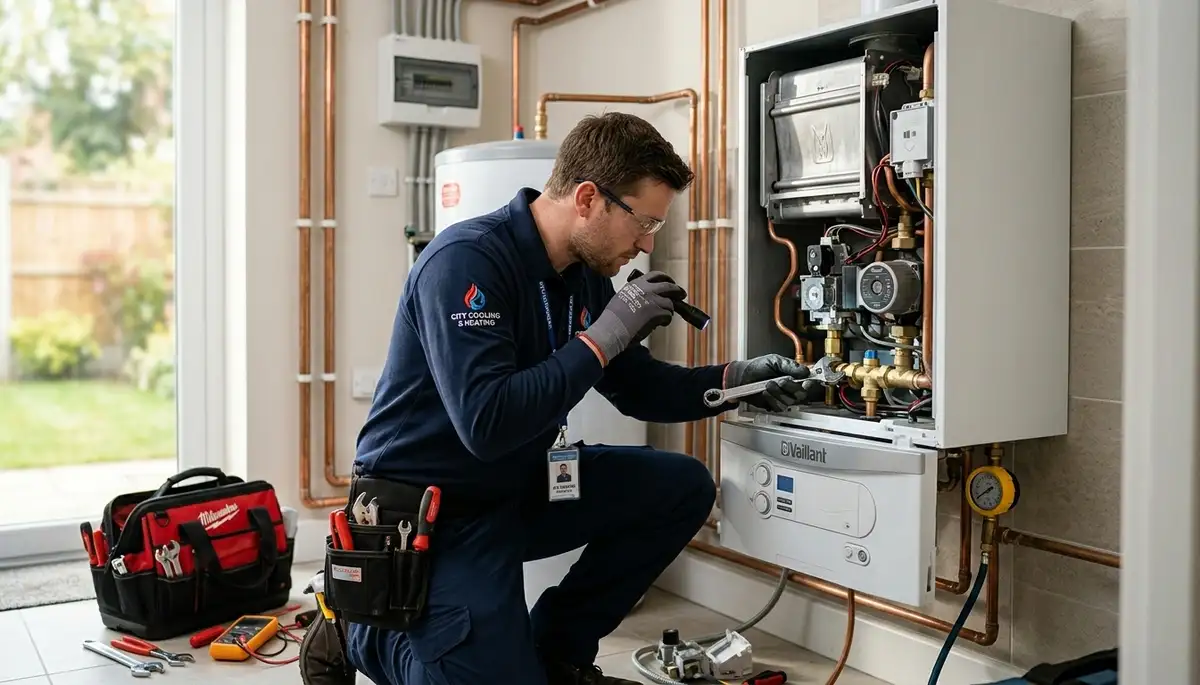 Licensed technician performing boiler repair service in Aurora, CO home basement