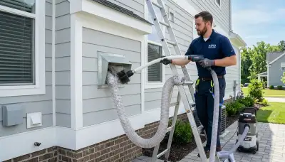 Technician cleaning residential dryer vent for fire safety in Aurora, CO