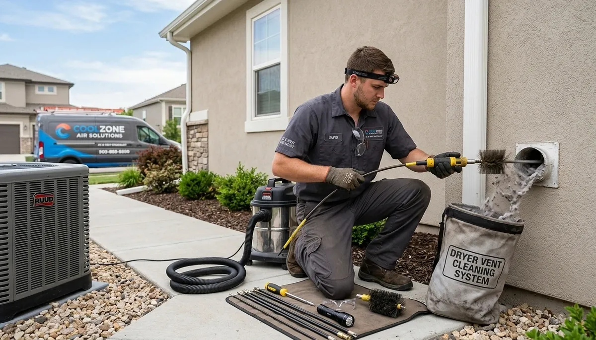 Technician providing professional dryer vent cleaning service in Aurora, CO home