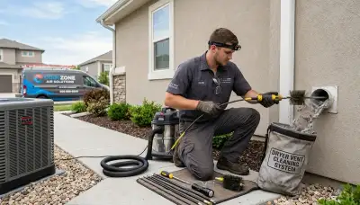 Technician providing professional dryer vent cleaning service in Aurora, CO home