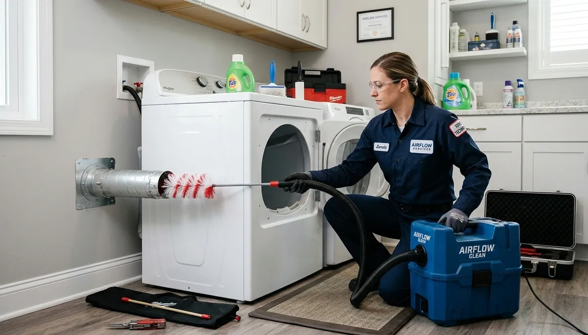 Technician performing dryer vent cleaning service in Aurora, CO for Five Star Cooling