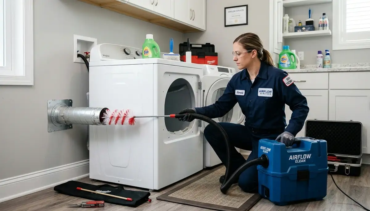 Technician performing dryer vent cleaning service in Aurora, CO for Five Star Cooling