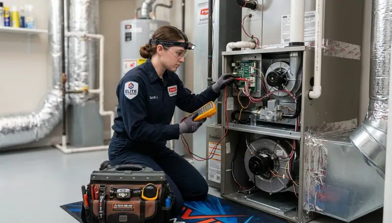 Technician performing furnace repair service in Aurora, CO home for Five Star Cooling