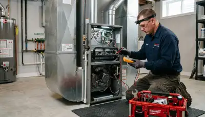 Technician performing furnace repair service in Aurora, CO for Five Star Cooling