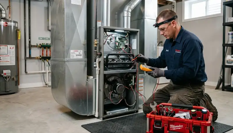 Technician performing furnace repair service in Aurora, CO for Five Star Cooling