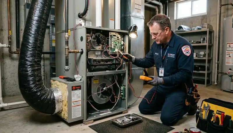 Technician performing furnace repair service in Aurora, CO for Five Star Cooling