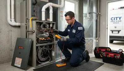 Technician performing furnace and heating repair service in Aurora, CO home