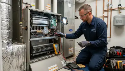 Technician performing furnace and heating repair service in Aurora, CO home