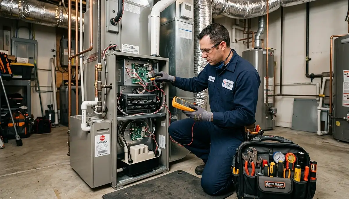 Technician performing heating repair service in Aurora, CO for residential furnace system