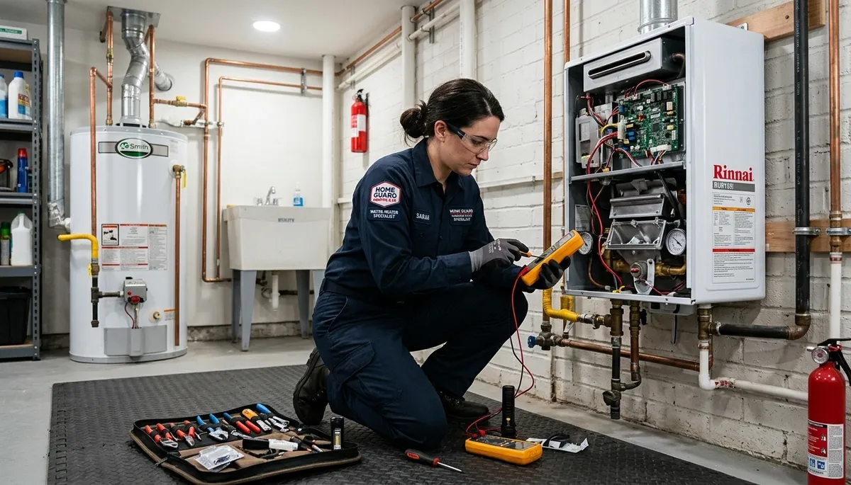 Technician performing water heater repair service in Aurora, CO home for Five Star Cooling