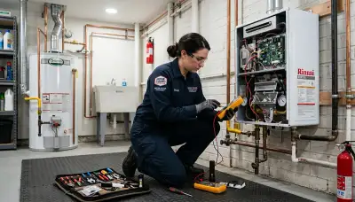 Technician performing water heater repair service in Aurora, CO home for Five Star Cooling