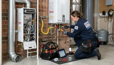 Technician repairing residential water heater in Aurora, CO for Five Star Cooling service page
