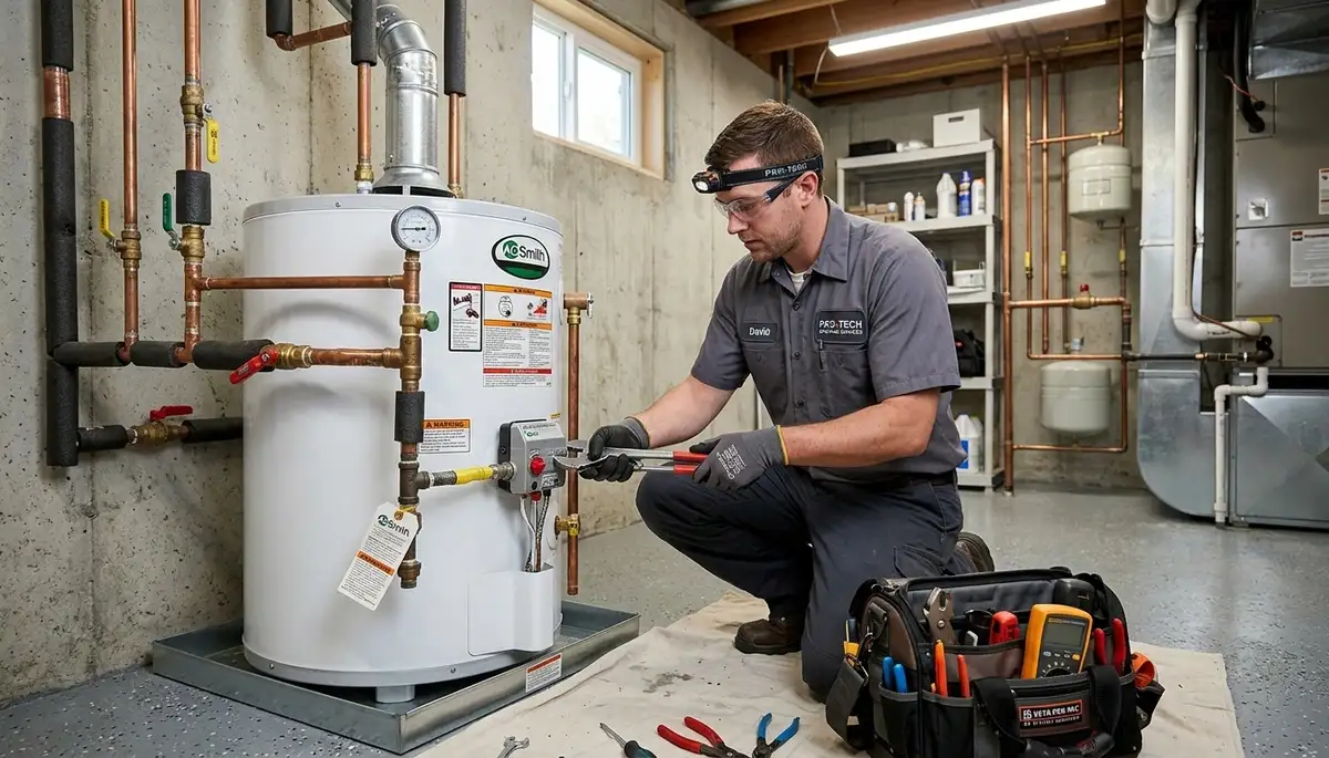 Technician performing water heater repair service in Aurora, CO for Five Star Cooling